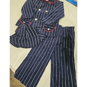 Vtg 70s By Thomas Blue Striped Corduroy 3 Pc Kids Suit Blazer Pants Hat Set 3T